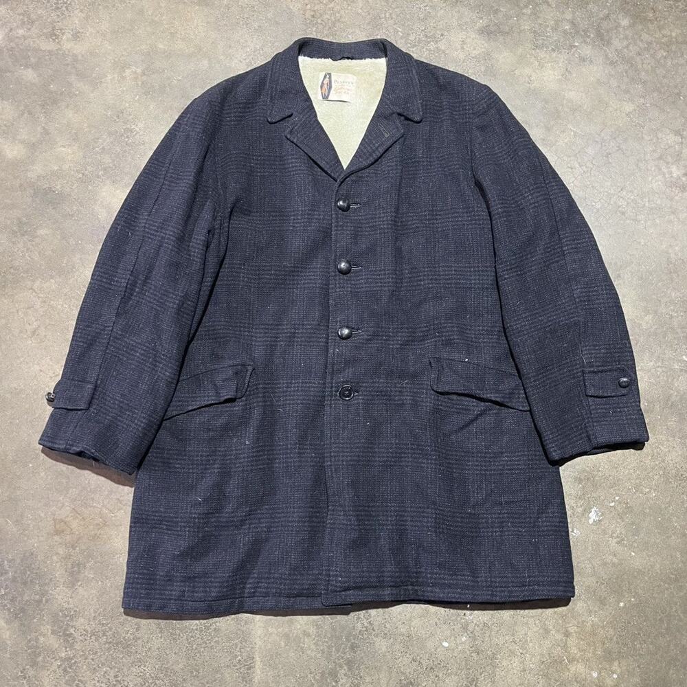 Vintage 50s 60s Penney's Sports Black Plaid Wool Overcoat